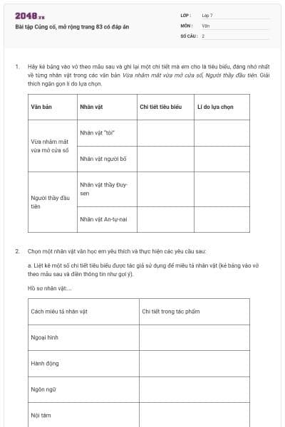 Bài tập Củng cố, mở rộng trang 83 có đáp án