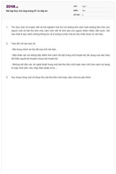 Bài tập Đọc mở rộng trang 87 có đáp án