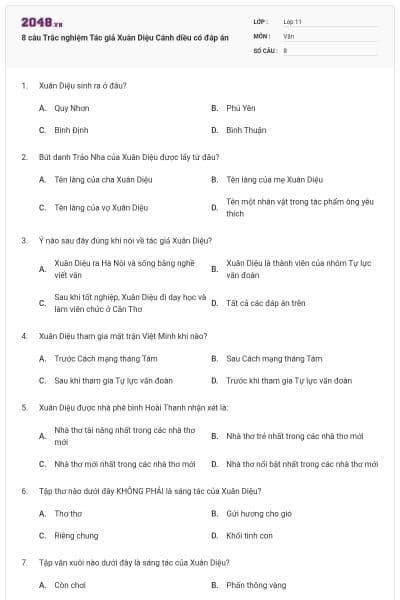 8 câu Trắc nghiệm Tác giả Xuân Diệu Cánh diều có đáp án