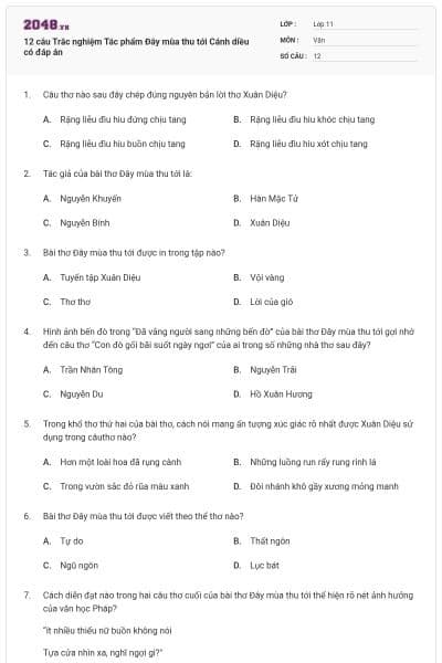 12 câu Trắc nghiệm Tác phẩm Đây mùa thu tới Cánh diều có đáp án