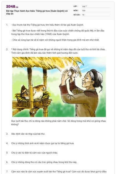 Bài tập Thực hành đọc hiểu: Tiếng gà trưa (Xuân Quỳnh) có đáp án