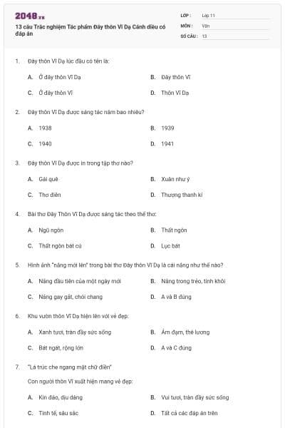 13 câu Trắc nghiệm Tác phẩm Đây thôn Vĩ Dạ Cánh diều có đáp án