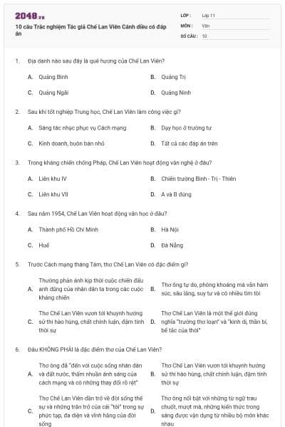 10 câu Trắc nghiệm Tác giả Chế Lan Viên Cánh diều có đáp án