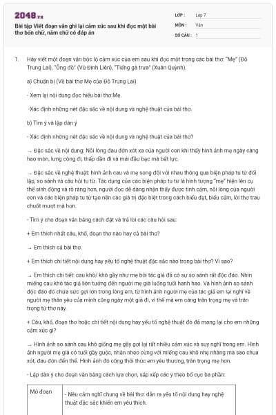 Bài tập Viết đoạn văn ghi lại cảm xúc sau khi đọc một bài thơ bốn chữ, năm chữ có đáp án