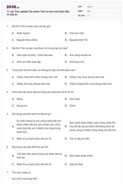 11 câu Trắc nghiệm Tác phẩm Tình ca ban mai Cánh diều có đáp án