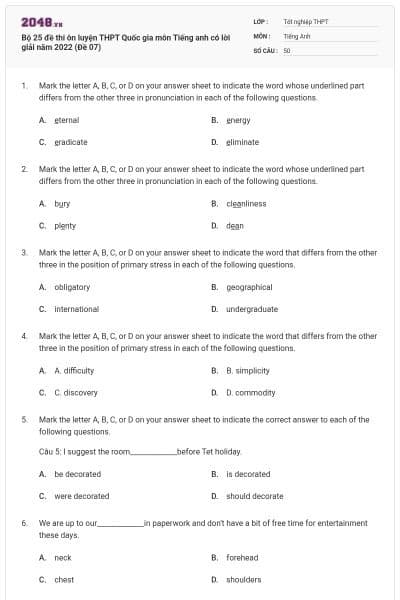 Bộ 25 đề thi ôn luyện THPT Quốc gia môn Tiếng anh có lời giải năm 2022 (Đề 07)