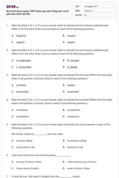 Bộ 25 đề thi ôn luyện THPT Quốc gia môn Tiếng anh có lời giải năm 2022 (Đề 08)