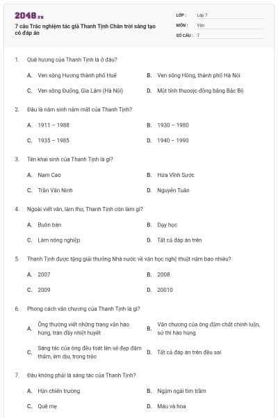 7 câu Trắc nghiệm tác giả Thanh Tịnh Chân trời sáng tạo có đáp án