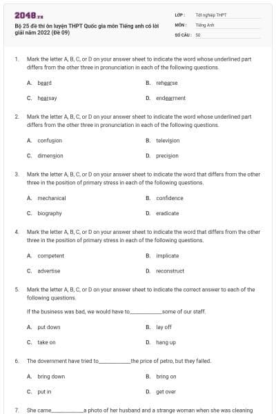 Bộ 25 đề thi ôn luyện THPT Quốc gia môn Tiếng anh có lời giải năm 2022 (Đề 09)