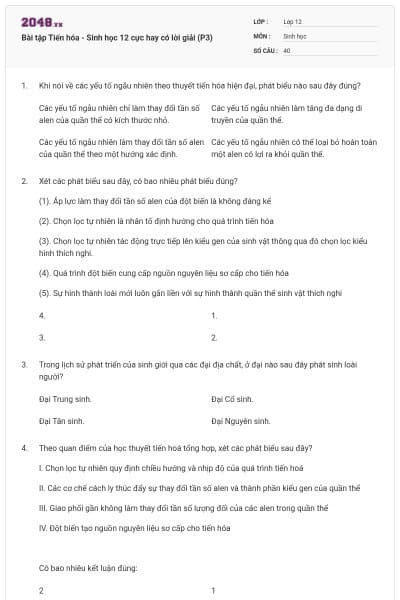 Bài tập Tiến hóa - Sinh học 12 cực hay có lời giải (P3)