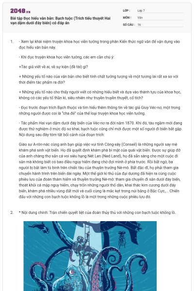 Bài tập Đọc hiểu văn bản: Bạch tuộc  (Trích tiểu thuyết Hai vạn dặm dưới đáy biển) có đáp án