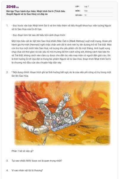 Bài tập Thực hành đọc hiểu: Nhật trình Sol 6 (Trích tiểu thuyết Người về từ Sao Hỏa) có đáp án