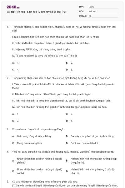 Bài tập Tiến hóa - Sinh học 12 cực hay có lời giải (P2)