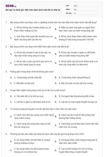 Bài tập Tự đánh giá: Một trăm dặm dưới mặt đất  có đáp án