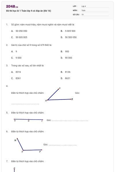 Đề thi học kì 1 Toán lớp 4 có đáp án (Đề 16)
