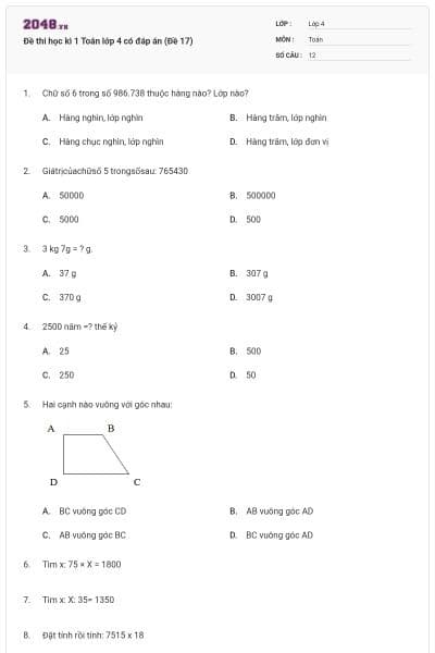 Đề thi học kì 1 Toán lớp 4 có đáp án (Đề 17)
