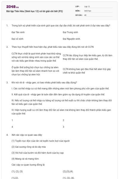 Bài tập Tiến Hóa (Sinh học 12) có lời giải chi tiết (P2)