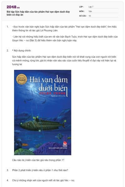 Bài tập Sức hấp dẫn của tác phẩm Hai vạn dặm dưới đáy biển có đáp án