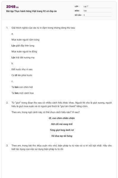 Bài tập Thực hành tiếng Việt trang 92 có đáp án