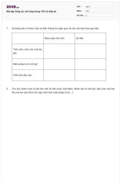 Bài tập Củng cố, mở rộng trang 103 có đáp án