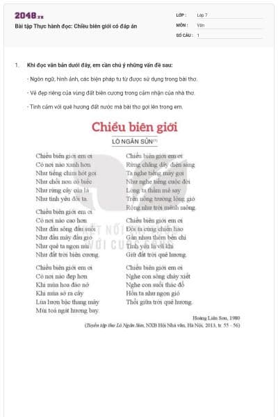 Bài tập Thực hành đọc: Chiều biên giới có đáp án