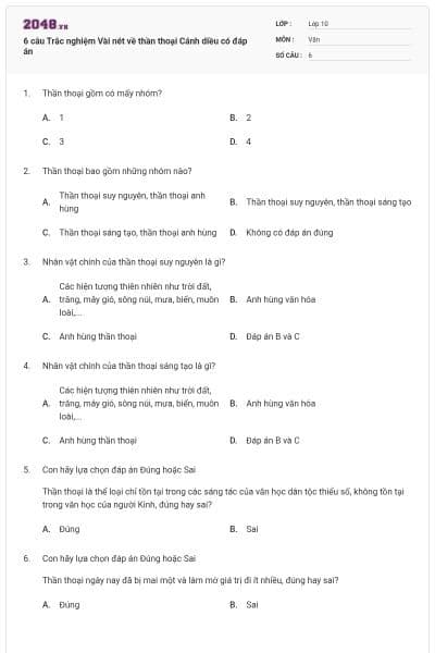 6 câu Trắc nghiệm Vài nét về thần thoại Cánh diều có đáp án