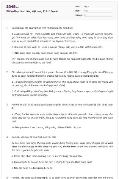 Bài tậpThực hành tiếng Việt trang 110 có đáp án