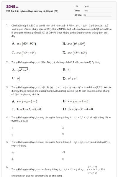 256 Bài trắc nghiệm Oxyz cực hay có lời giải (P9)