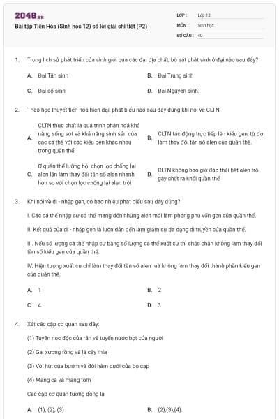 Bài tập Tiến Hóa (Sinh học 12) có lời giải chi tiết (P2)