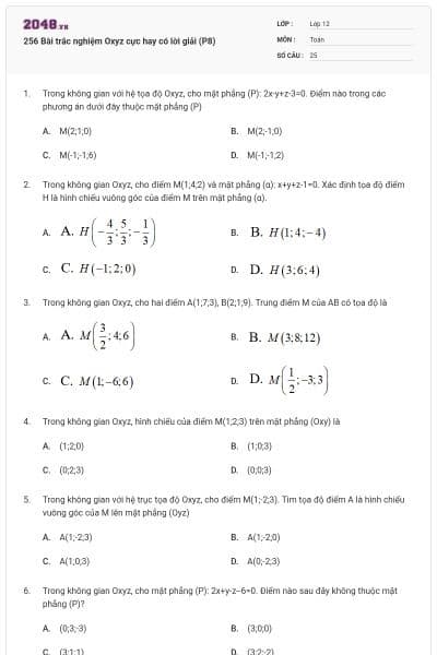256 Bài trắc nghiệm Oxyz cực hay có lời giải (P8)