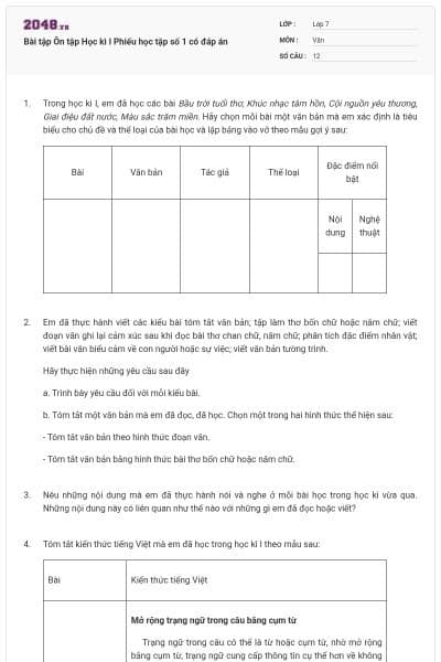 Bài tập Ôn tập Học kì I Phiếu học tập số 1 có đáp án