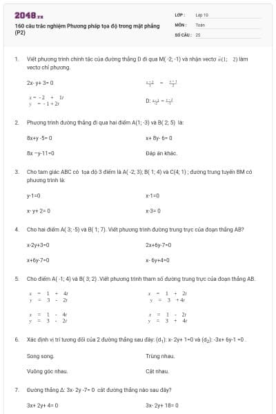 160 câu trắc nghiệm Phương pháp tọa độ trong mặt phẳng (P2)