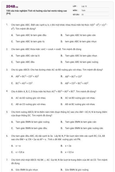 100 câu trắc nghiệm Tích vô hướng của hai vectơ nâng cao (P4)
