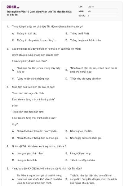 Trắc nghiệm Văn 10 Cánh diều Phân tích Thị Mầu lên chùa có đáp án