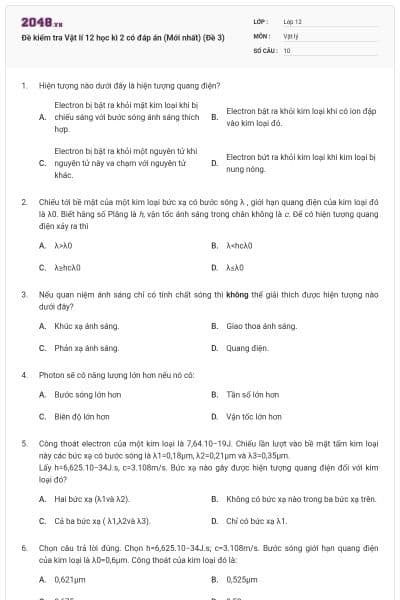 Đề kiểm tra Vật lí 12 học kì 2 có đáp án (Mới nhất) (Đề 3)