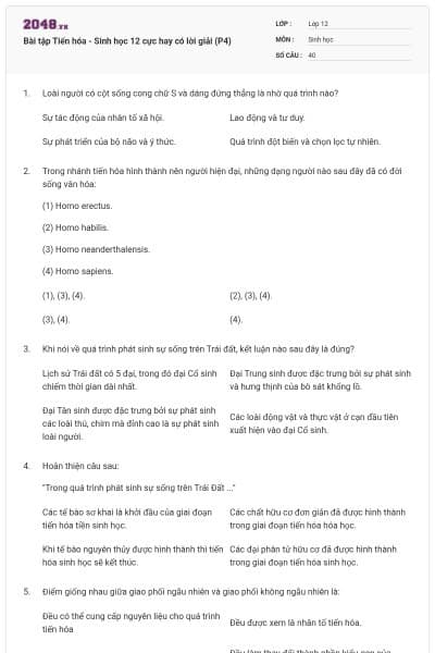 Bài tập Tiến hóa - Sinh học 12 cực hay có lời giải (P4)