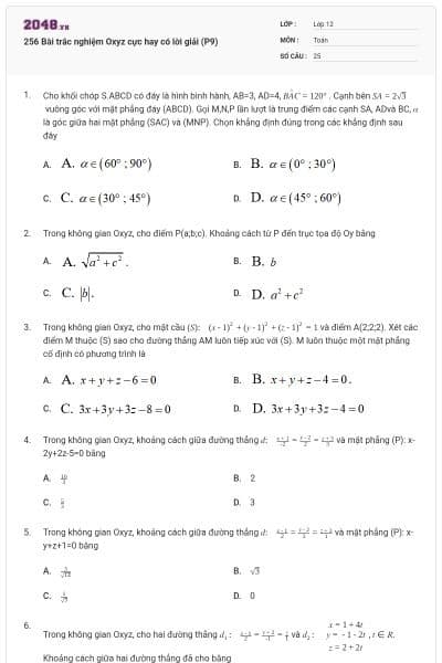 256 Bài trắc nghiệm Oxyz cực hay có lời giải (P9)