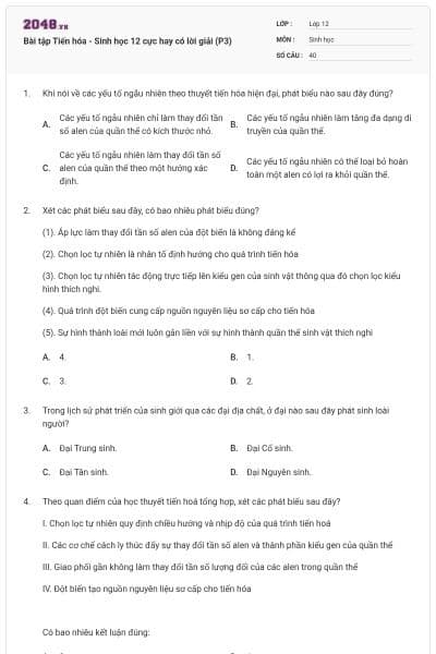 Bài tập Tiến hóa - Sinh học 12 cực hay có lời giải (P3)