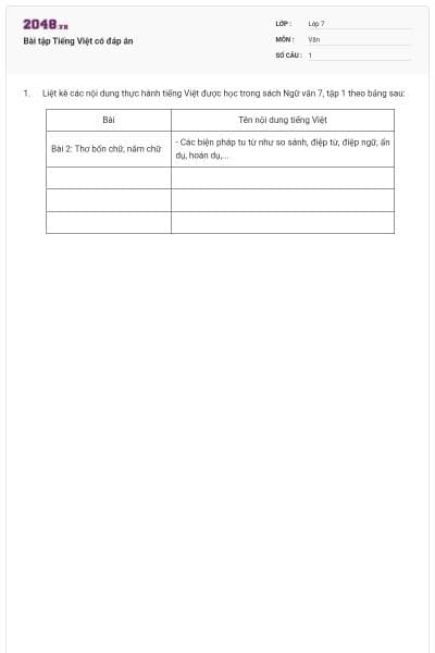 Bài tập Tiếng Việt có đáp án