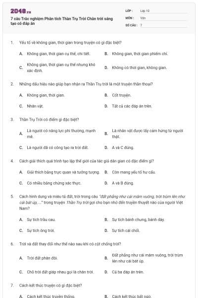 7 câu Trắc nghiệm Phân tích Thần Trụ Trời Chân trời sáng tạo có đáp án