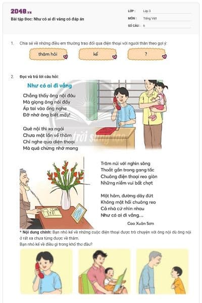 Bài tập Đoc: Như có ai đi vắng có đáp án