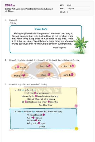 Bài tập Viết: Vườn trưa; Phân biệt êch/ uêch; ch/tr, ac/ at có đáp án