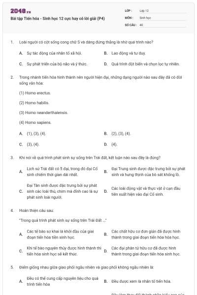 Bài tập Tiến hóa - Sinh học 12 cực hay có lời giải (P4)
