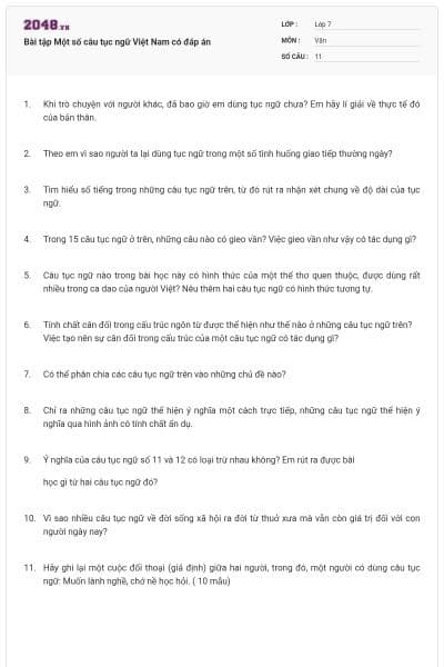 Bài tập Một số câu tục ngữ Việt Nam có đáp án