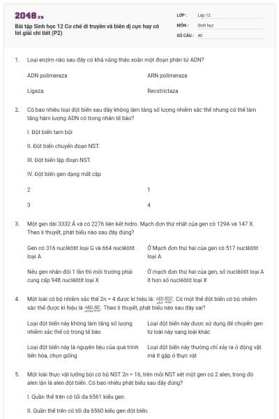 Bài tập Sinh học 12 Cơ chế di truyền và biến dị cực hay có lời giải chi tiết (P2)