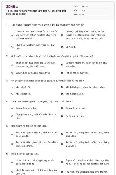 10 câu Trắc nghiệm Phân tích Bình Ngô đại cáo Chân trời sáng tạo có đáp án