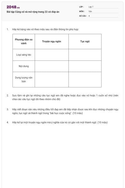 Bài tập Củng cố và mở rộng trang 22 có đáp án