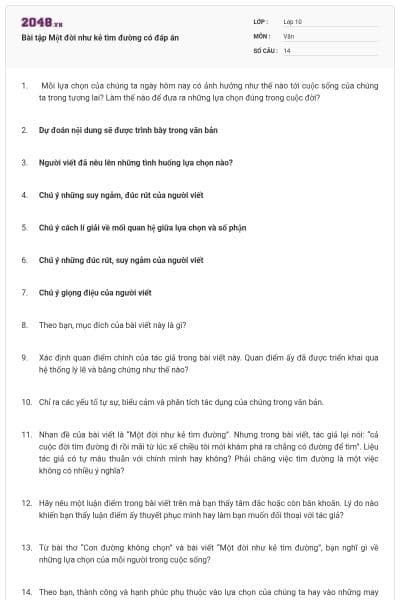 Bài tập Một đời như kẻ tìm đường có đáp án