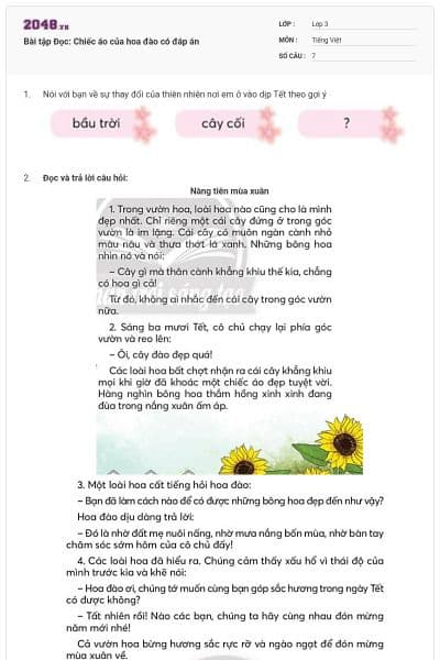 Bài tập Đọc: Chiếc áo của hoa đào có đáp án