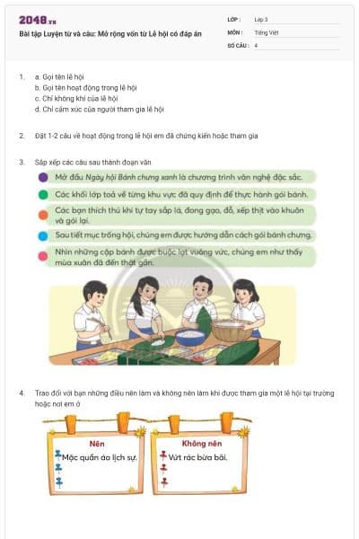 Bài tập Luyện từ và câu: Mở rộng vốn từ Lễ hội có đáp án